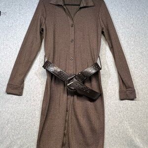 Apostrophe Dress Womens Medium Shirt Brown Stretch Belted